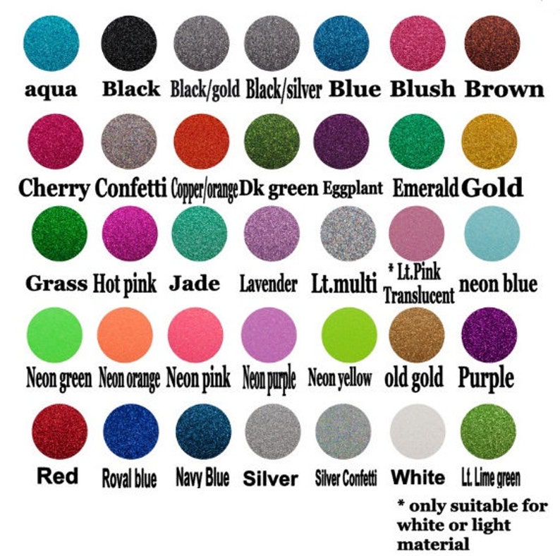 May include: Chart of 28 glitter colors for crafting projects. Colors include aqua, black, black/gold, black/silver, blue, blush, brown, cherry confetti, copper/orange, dark green, eggplant, emerald, gold, grass, hot pink, jade, lavender, light multi, light pink, neon blue, neon green, neon orange, neon pink, neon purple, neon yellow, old gold, purple, red, royal blue, navy blue, silver, silver confetti, white, and light lime green.
