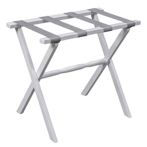 White Straight Leg Wood Luggage Rack with Grey Banded Straps