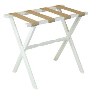 White Straight Leg Wood Luggage Rack with Lattice Burlap Straps