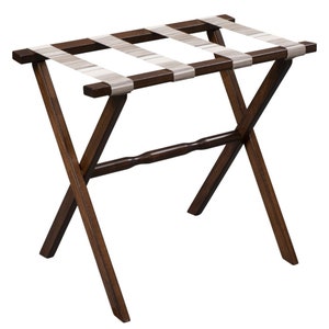 Brown Straight Leg Wood Luggage Rack with Neutral Beach Tones Straps