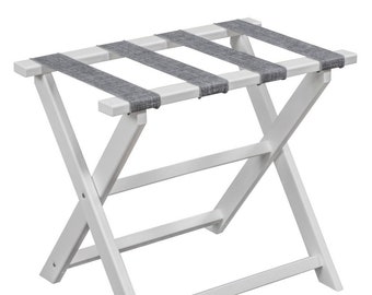 White Recycled Plastic Straight Leg Luggage Rack with Grey Burlap Straps