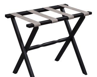 Black Straight Leg Wood Luggage Rack with Banded Neutral Weave Straps