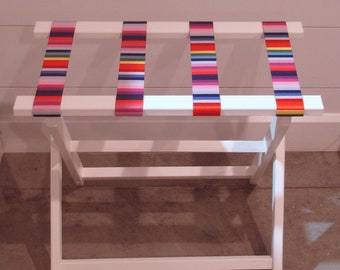 White Recycled Plastic Straight Leg Luggage Rack with Multicolored Stripe Straps