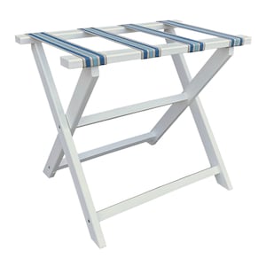 White Recycled Plastic Straight Leg Luggage Rack with Dark Blue Cabana Stripe Straps