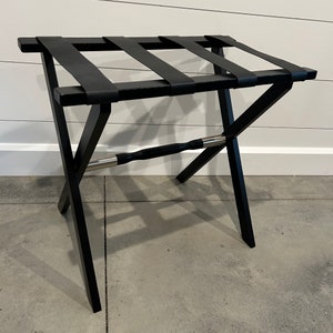 Black Finish Straight Leg Wood Luggage Rack with Black Leather Straps and Metal Accents