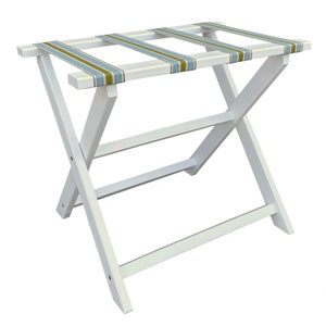 White Recycled Plastic Straight Leg Luggage Rack with Light Blue Cabana Stripe Straps