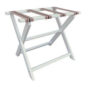 White Recycled Plastic Straight Leg Luggage Rack with Pink Cabana Stripe Straps