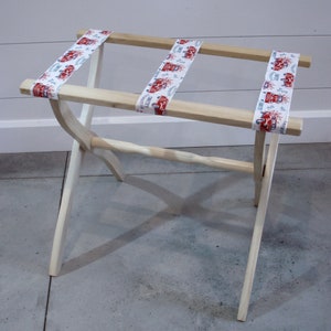 Natural Finish Contour Leg Wood Luggage Rack with Country Farmhouse Straps