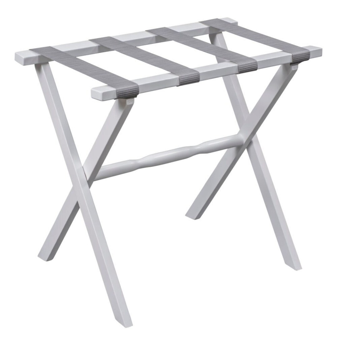 White Straight Leg Wood Luggage Rack With Grey Banded Straps - Etsy