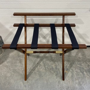Brown Wall Protector Wood Luggage Rack with Black Straps and Brass Metal Accents - LIMITED EDITION