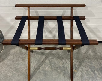 Brown Wall Protector Wood Luggage Rack with Black Straps and Brass Metal Accents - LIMITED EDITION