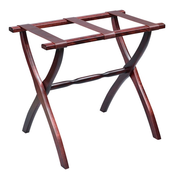 Rich Gany Contour Leg Wood Luggage Rack With Brown Leather - Wooden Luggage Rack With Leather Straps Rich Gany Contour Leg Wood Luggage Rack With Brown Leather - Wooden Luggage Rack With Leather Straps