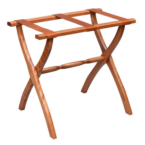 Light Walnut Contour Leg Wood Luggage Rack With Tan Leather - Wooden Luggage Rack With Leather Straps Light Walnut Contour Leg Wood Luggage Rack With Tan Leather - Wooden Luggage Rack With Leather Straps