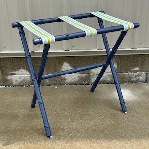 Navy Finish Wood Bamboo Inspired Luggage Rack with Light Blue Cabana Stripe Straps
