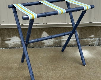 Navy Finish Wood Bamboo Inspired Luggage Rack with Light Blue Cabana Stripe Straps