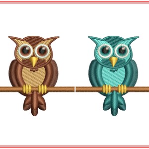 May include: Two cartoon owls perched on a branch. One owl is brown with tan accents and the other is teal blue.