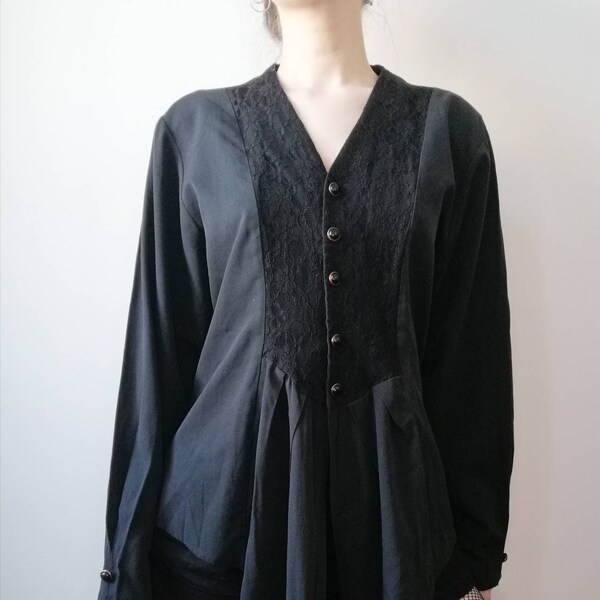 True Vintage Bluse 80er 90er schwarz Spitze Tunika New Romantic Goth onesize