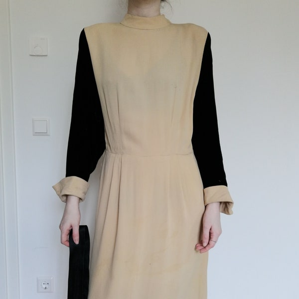 True Vintage Midi Maxi Kleid 30er 40er Jahre schwarz beige Samt Rayon Viskose elegant M L XL