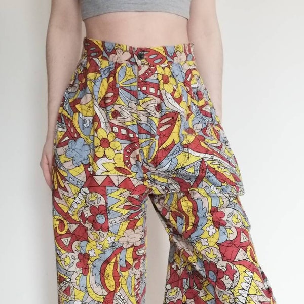 True vintage pants 70s 70s yellow red blue crazy pattern patterned S 36