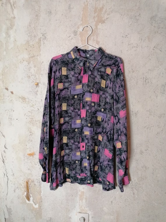 Buy True Vintage Shirt 80s 90s Purple Pink New Wave Crazy Pattern 