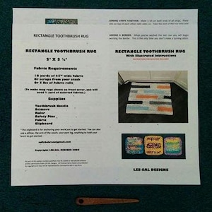 May include: A black and white printed sheet of instructions for making a rectangle toothbrush rug. The instructions include a list of materials needed, such as fabric, scissors, and a toothbrush needle. The sheet also includes a diagram of the finished rug.