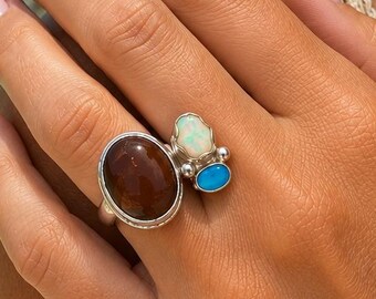 Triple Opal Open Cuff Ring with Natural Diamond | Sterling & 14k gold (size 7-8.5)