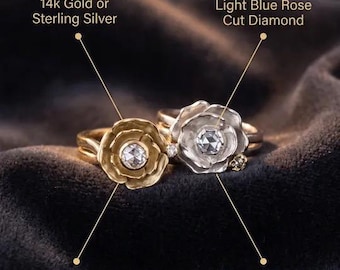 Rose Wedding Ring Set with Diamonds | 14k Gold or Sterling Silver Flower Band
