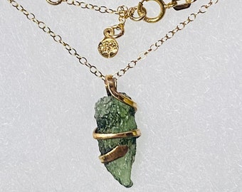 Raw Moldavite Necklace | Sterling Silver, Gold Filled, Solid 14K Gold | Czech Crystal (1 gram)