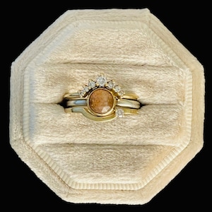 Unique Sunstone Engagement or anniversary rings in 14k gold & sterling silver with natural diamonds. Celestial wedding set