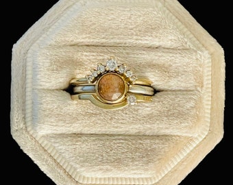 Unique Sunstone Engagement or anniversary rings in 14k gold & sterling silver with natural diamonds. Celestial wedding set