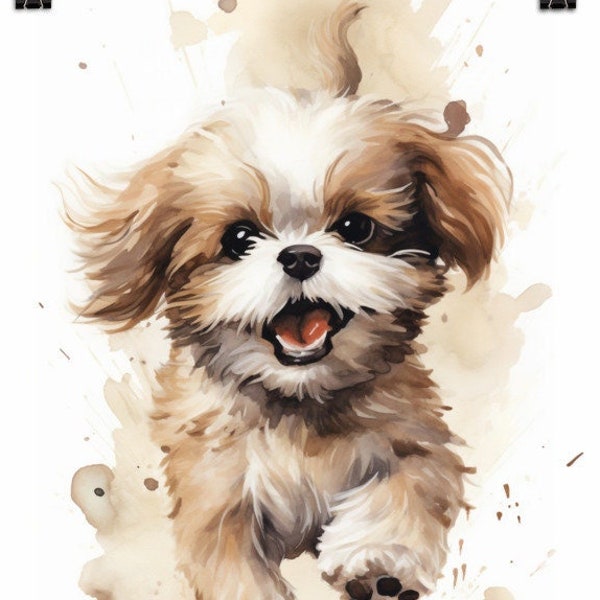 Little Puppy Shih Tzu Happy Running, Illustration art, Wall Art Watercolour Poster