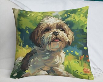 Heureux chien shih tzu assis dans la nature, illustration, literie, décoration d'intérieur Oreiller premium