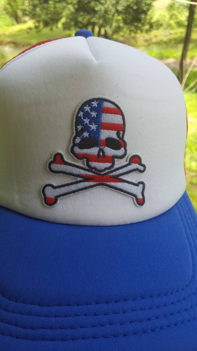 Mens Women/'s red white blue mesh trucker hat with skull crossbones patch baseball cap festival tumblr aesthetic dad hat flag