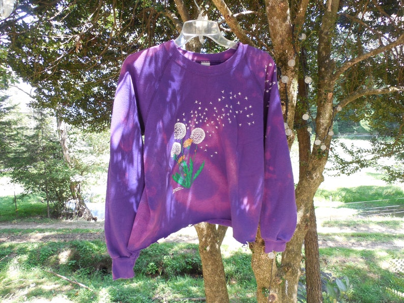 One of a kind large cropped bleached faded womens Purple Dandelion Graphic sweatshirt destroyed cut off crop top streetwear tumblr Aesthetic