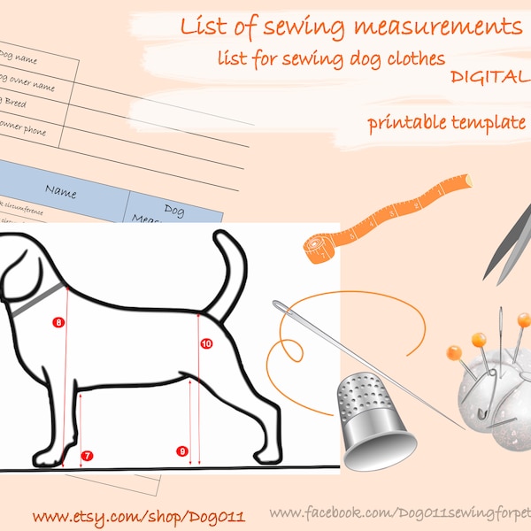 Sewing measurement list / Sewing for dog / Dog Body measurement list / Digital file / Download / Printable Table List