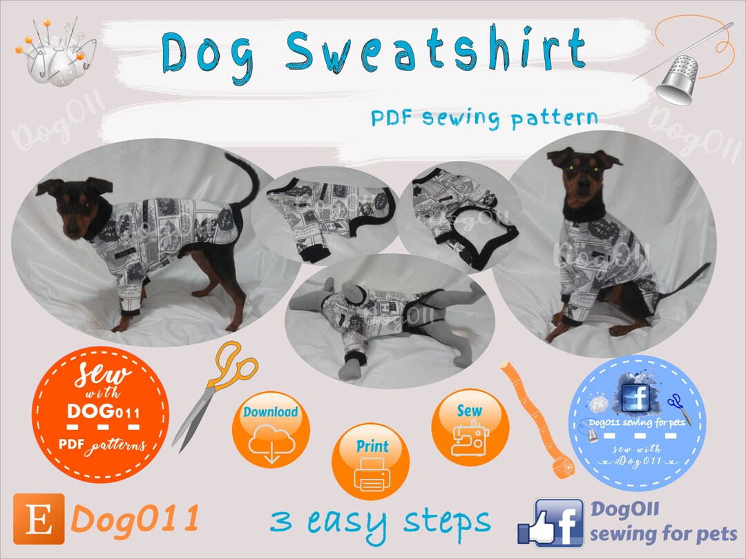 Dog Sweatshirt PDF Sewing Pattern / Dog Sweater Raglan Sleeve / Dog