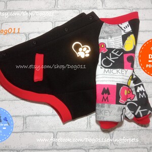 May include: Black and red dog sweater with a white heart and paw print design. The sweater has a red trim and a pocket on the front. The image also shows a pair of red and white Mickey Mouse themed dog pants. The text "Sew with DOG011 - PDF patterns" is on a orange circle.