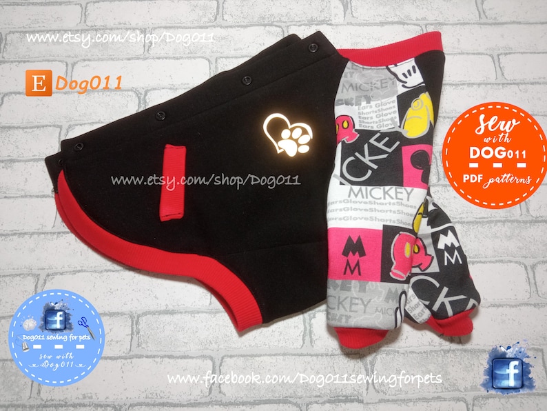 May include: Black and red dog sweater with a white heart and paw print design. The sweater has a red trim and a pocket on the front. The image also shows a pair of red and white Mickey Mouse themed dog pants. The text "Sew with DOG011 - PDF patterns" is on a orange circle.