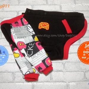 May include: A black and red dog clothing pattern with a Mickey Mouse print. The pattern includes a red and black shirt with a Mickey Mouse head and the word "Mickey" printed on it. The pattern also includes a black and red pair of pants with a red pocket on the back. The pattern is available as a PDF download. Sew with DOG011 PDF patterns.