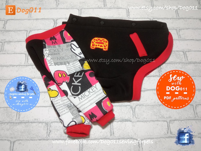 May include: A black and red dog clothing pattern with a Mickey Mouse print. The pattern includes a red and black shirt with a Mickey Mouse head and the word "Mickey" printed on it. The pattern also includes a black and red pair of pants with a red pocket on the back. The pattern is available as a PDF download. Sew with DOG011 PDF patterns.