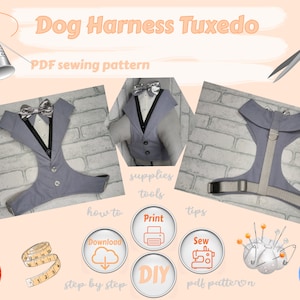 Puede incluir: Un patrón de costura PDF para un arnés de esmoquin para perro. El patrón incluye instrucciones sobre cómo descargar, imprimir y coser el arnés. La imagen muestra un arnés de esmoquin gris con una pajarita negra.