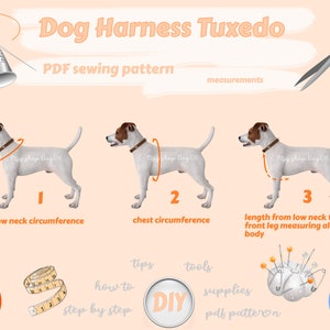 Pu&ograve; includere: Un diagramma che mostra come misurare un cane per un modello di cucito di smoking per pettorina per cani fai-da-te. Il diagramma mostra un cane con tre diverse misure: circonferenza del collo basso, circonferenza del petto e lunghezza dal collo basso alla parte posteriore della zampa anteriore. Il testo "DIY" &egrave; in un cerchio con un ago e filo.