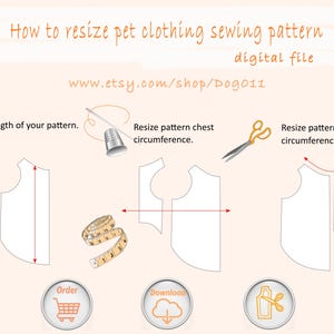 Puede incluir: Gráfico instructivo sobre un fondo melocotón claro, que muestra cómo redimensionar un patrón de costura de ropa para mascotas. El texto dice "Cómo redimensionar el archivo digital del patrón de costura de ropa para mascotas". Los diagramas muestran el ajuste de la longitud, el pecho y el cuello.
