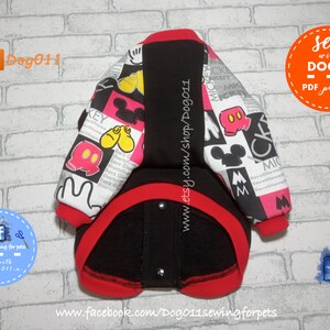 May include: A black and red dog jacket with a Mickey Mouse print. The jacket has a zipper closure and a red trim. The text "Sew with DOG011 - PDF patterns" is on a orange circle.