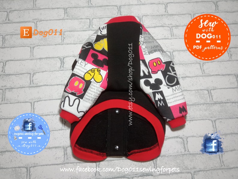 May include: A black and red dog jacket with a Mickey Mouse print. The jacket has a zipper closure and a red trim. The text "Sew with DOG011 - PDF patterns" is on a orange circle.