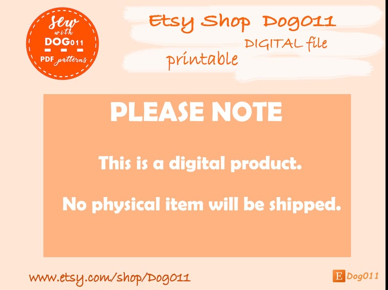 Pu&ograve; includere: Testo arancione e bianco su sfondo pesca che recita: "Etsy Shop Dog011 stampabile FILE DIGITALE NOTA BENE Questo &egrave; un prodotto digitale. Nessun articolo fisico verr&agrave; spedito. www.etsy.com/shop/Dog011 E Dog011"