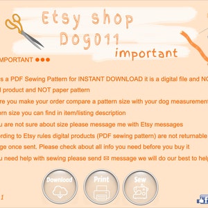 Pu&ograve; includere: Un download digitale per un modello di cucito PDF per un cane. L'immagine mostra un ago da cucire, un ditale, delle forbici e un'icona di nuvola. Il testo sull'immagine recita "Etsy shop Dog011 important" e "Questo &egrave; un modello di cucito PDF per DOWNLOAD IMMEDIATO, &egrave; un file digitale e NON un prodotto finito e NON un modello di carta".