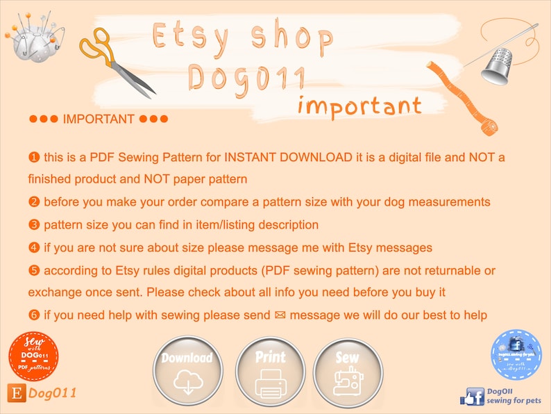 Pu&ograve; includere: Un download digitale per un modello di cucito PDF per un cane. L'immagine mostra un ago da cucire, un ditale, delle forbici e un'icona di nuvola. Il testo sull'immagine recita "Etsy shop Dog011 important" e "Questo &egrave; un modello di cucito PDF per DOWNLOAD IMMEDIATO, &egrave; un file digitale e NON un prodotto finito e NON un modello di carta".