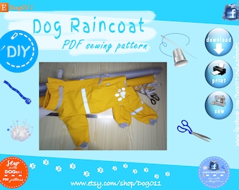May include: A yellow dog raincoat sewing pattern with white reflective stripes. The pattern is laid out on a wooden surface with a measuring tape, scissors, and a roll of fabric. The image includes the text "Dog Raincoat", "PDF sewing pattern", "DIY", "download", "print", and "sew".