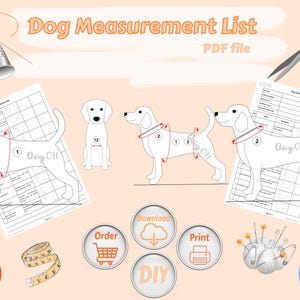 Op de afbeelding: Een printbare PDF-gids voor het meten van een hond voor kleding. De gids bevat een diagram van een hond met genummerde meetpunten en een checklist voor het registreren van metingen. De tekst "Dog Oll" staat op de gids. De afbeelding bevat ook knoppen voor bestellen, downloaden, afdrukken en doe-het-zelf.